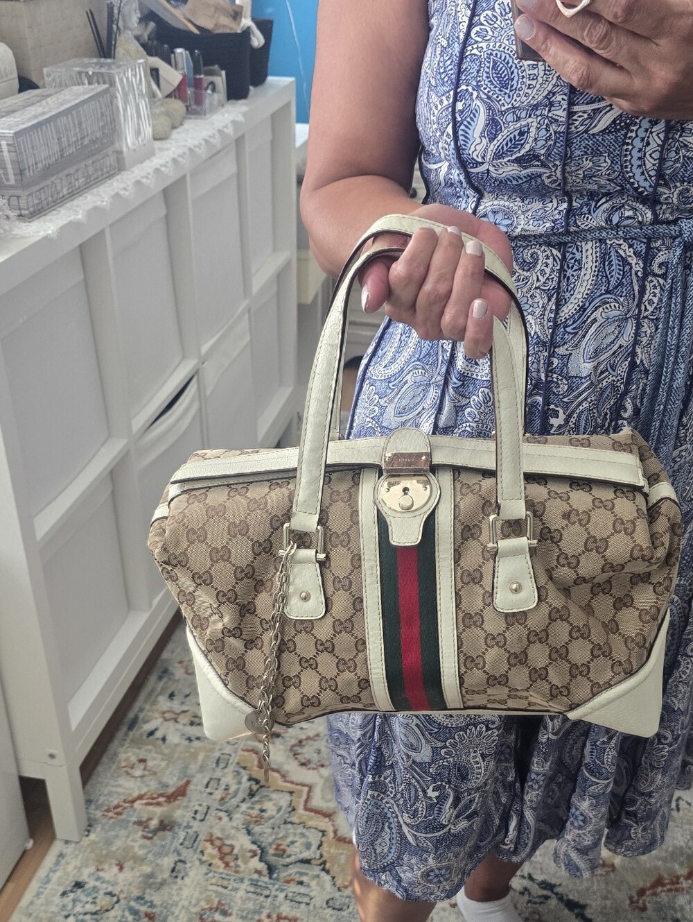 Gucci Vintage Beige Canvas Top-Handle Bag with Green-Red Stripe & Locks And Key